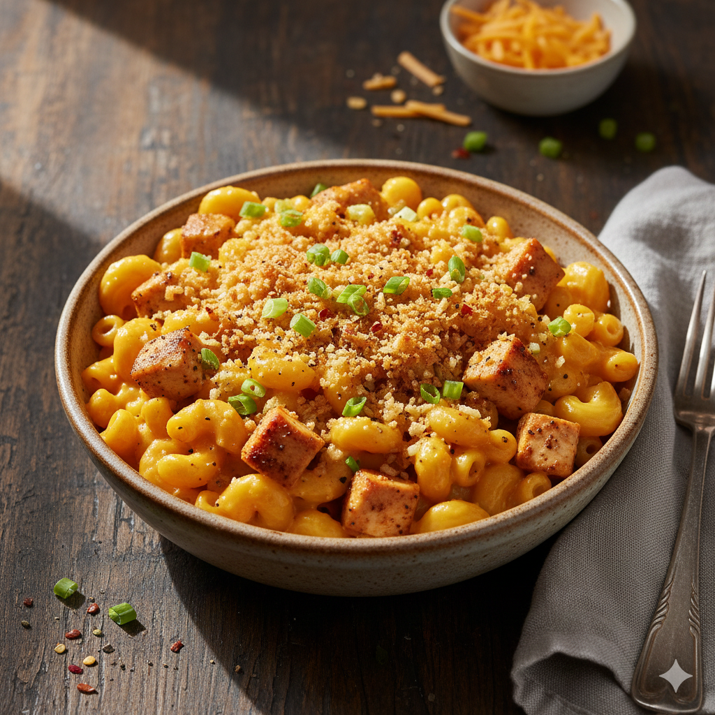 Creamy mac and cheese served in a bowl with a rich, velvety cheese sauce and a comforting, homemade look.