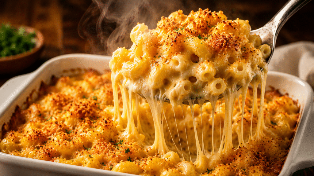 Creamy baked mac and cheese with a golden crispy topping and dramatic cheese pulls as a spoon lifts a serving from the baking dish.