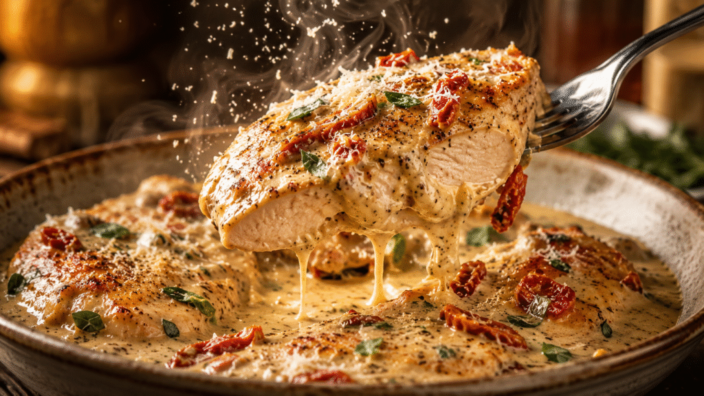 Creamy garlic Parmesan chicken with sun-dried tomatoes and fresh basil, served in a rich velvety sauce as a fork lifts a juicy chicken breast above the bowl. 🍗🧄🧀🌿