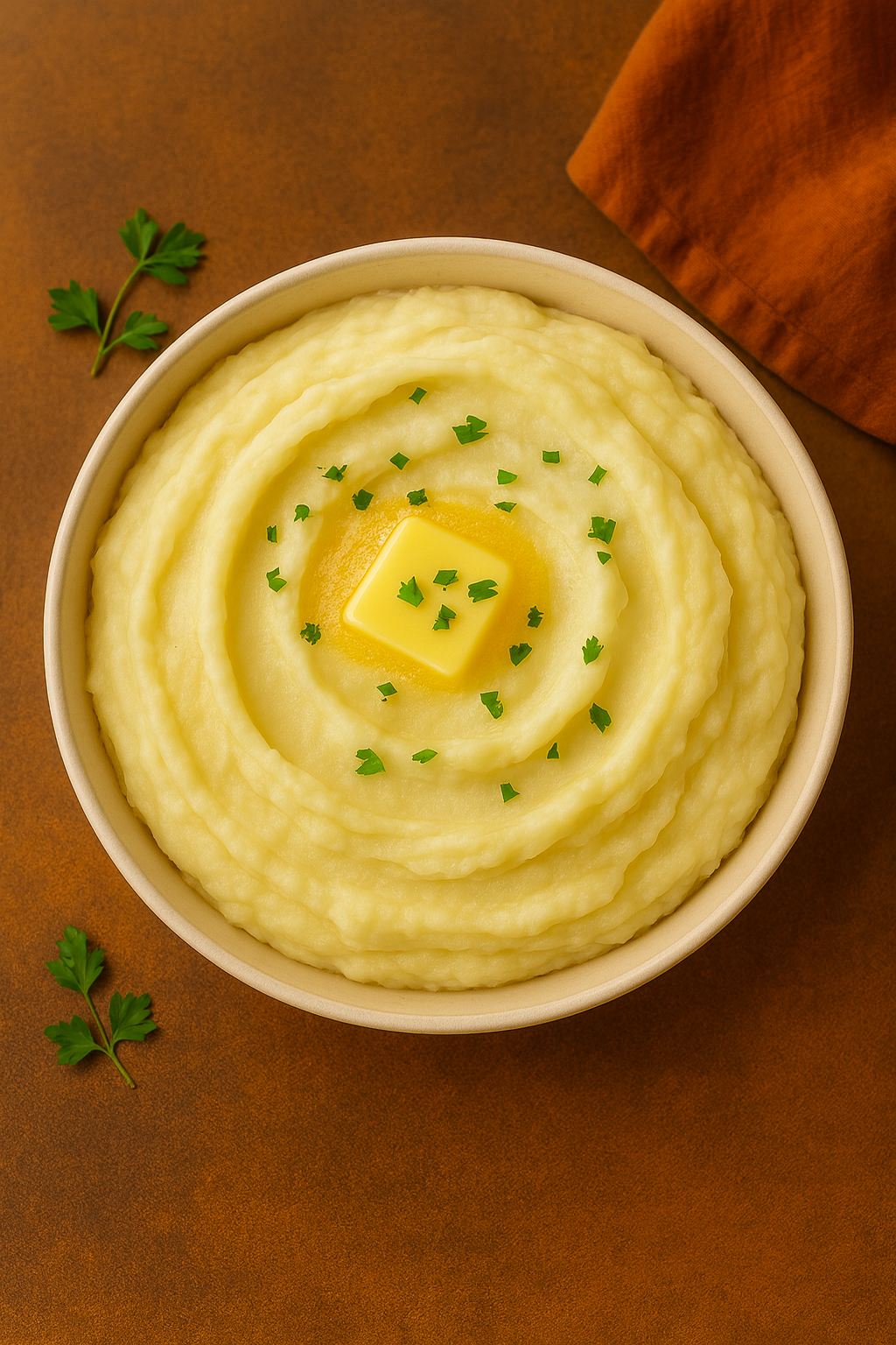 creamy mashed potatoes topped with melting butter and sprinkled with fresh parsley