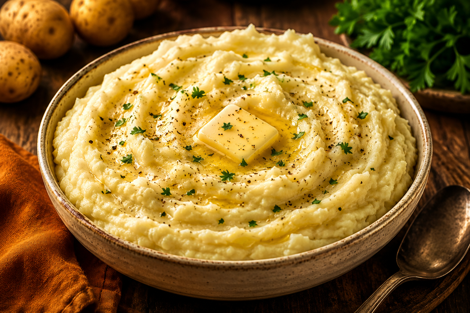 Creamy homemade mashed potatoes in a rustic ceramic bowl, topped with melting butter, cracked black pepper, and fresh parsley on a wooden farmhouse table.