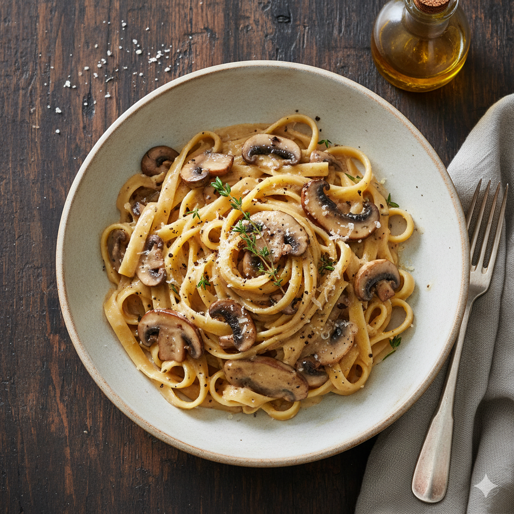Mushroom truffle tagliatelle in a creamy sauce with Parmesan and fresh herbs