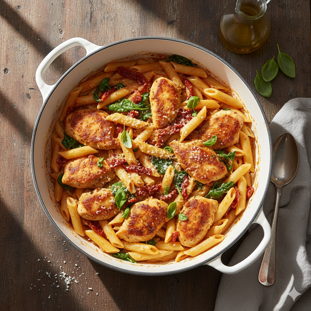 One-pot Tuscan chicken penne cooked in a creamy sauce with tender chicken, pasta, and classic Tuscan-inspired flavors.
