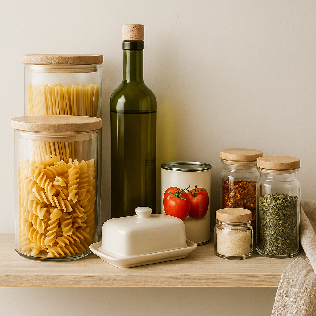 A neatly styled collection of essential pantry ingredients every home cook should always have on hand.