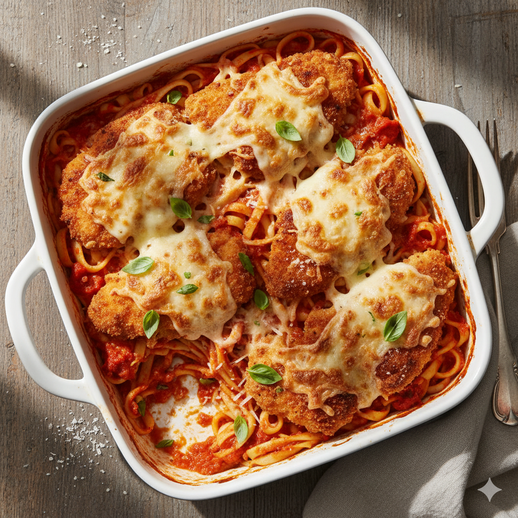 Baked chicken parmesan fettuccine topped with marinara sauce, melted mozzarella, and fresh parsley in a rustic casserole dish.