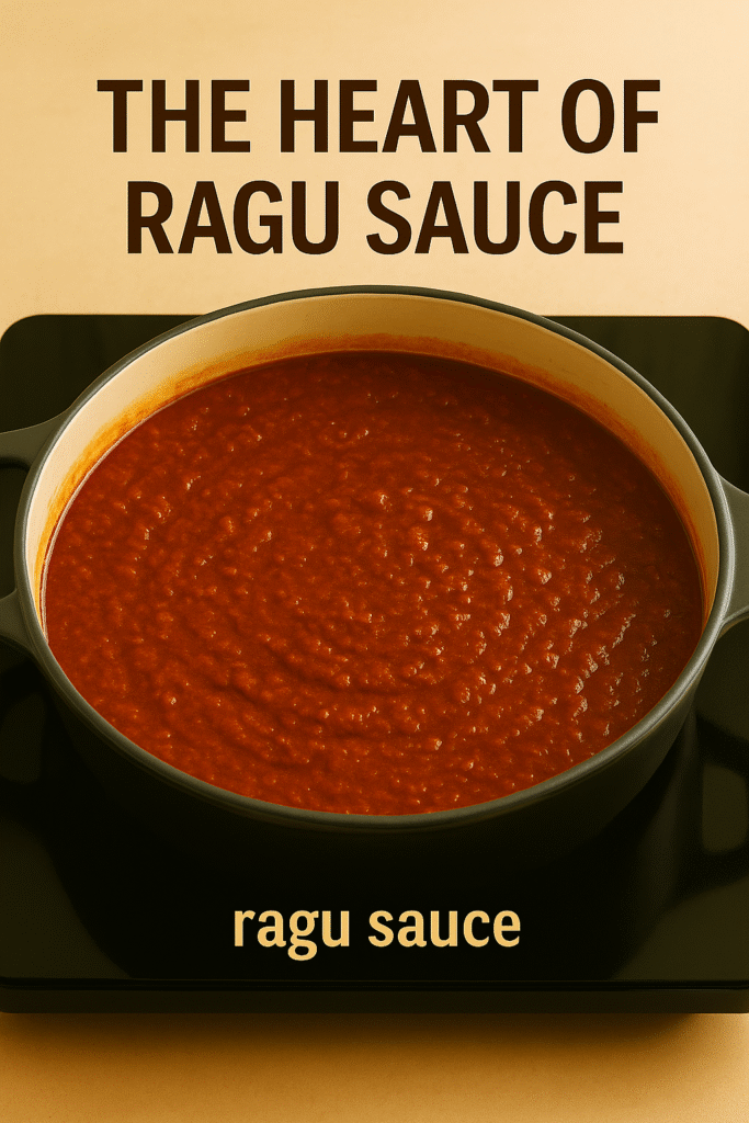 The heart of ragu sauce shown simmering slowly, rich and hearty, highlighting the deep flavors developed through time and simple ingredients.