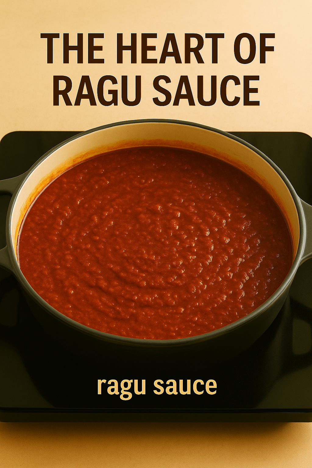 The heart of ragu sauce shown simmering slowly, rich and hearty, highlighting the deep flavors developed through time and simple ingredients.