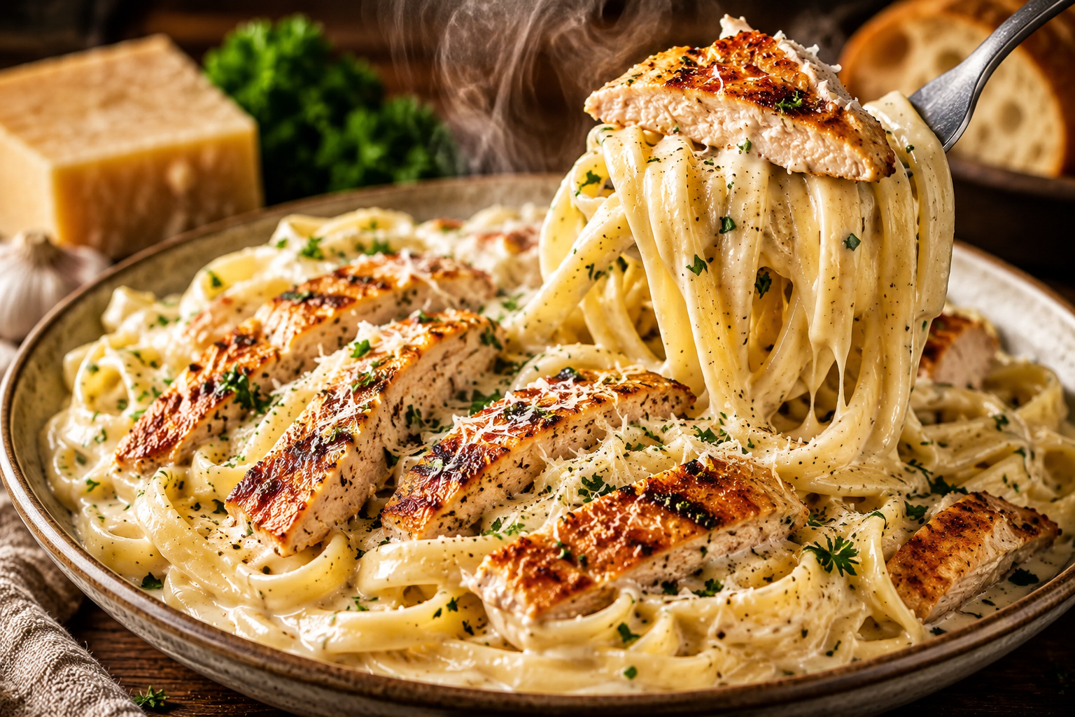 Creamy Chicken Alfredo Pasta with tender sliced chicken and fettuccine coated in rich Parmesan Alfredo sauce, with a fork lifting a twirl of pasta from the bowl.