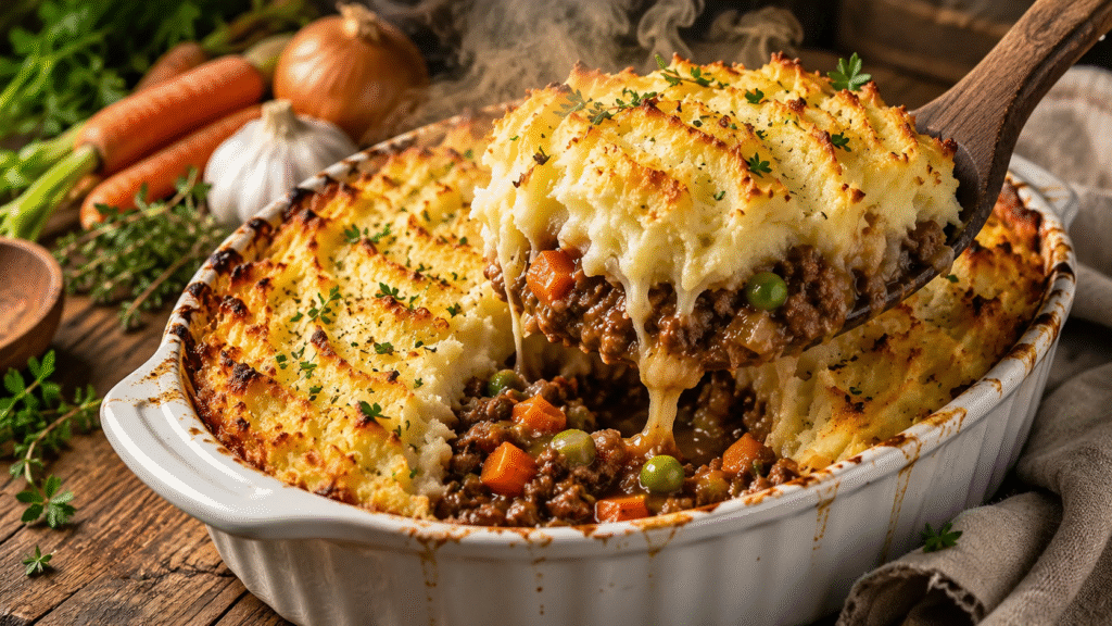 Freshly baked Shepherd's Pie in a rustic white ceramic baking dish with a generous serving lifted on a wooden spoon, revealing a savory ground beef filling with carrots, peas, onions, and rich gravy beneath a golden mashed potato topping.