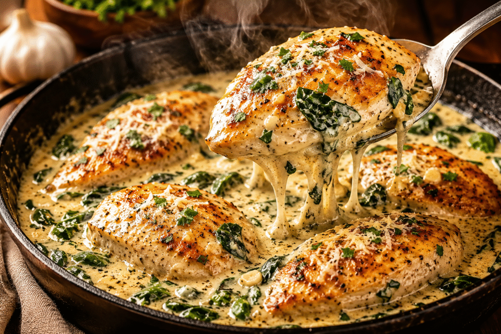Creamy garlic skillet chicken with spinach served in a cast iron skillet, featuring golden-seared chicken breasts in a rich garlic Parmesan sauce with a spoon lifting a juicy piece of chicken.