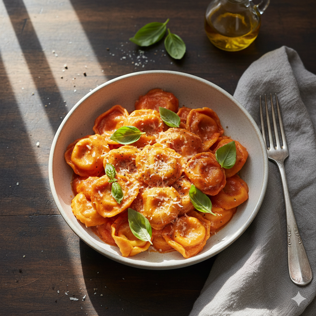 Creamy tomato basil tortellini baked with tender pasta in a rich tomato cream sauce and finished with melted cheese.