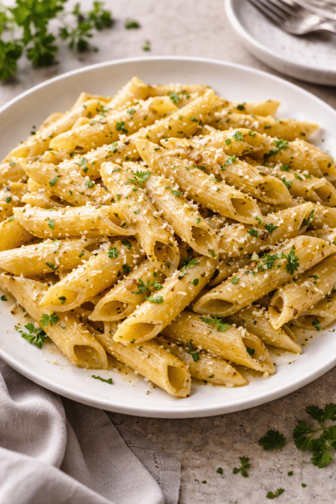 Creamy garlic butter penne pasta garnished with Parmesan and fresh parsley on a white plate
