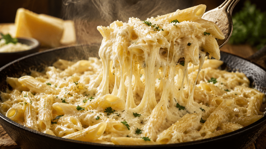 Creamy 3-Cheese Penne Alfredo with Parmesan, mozzarella, and ricotta creating dramatic cheese pulls as penne pasta is lifted from a skillet.