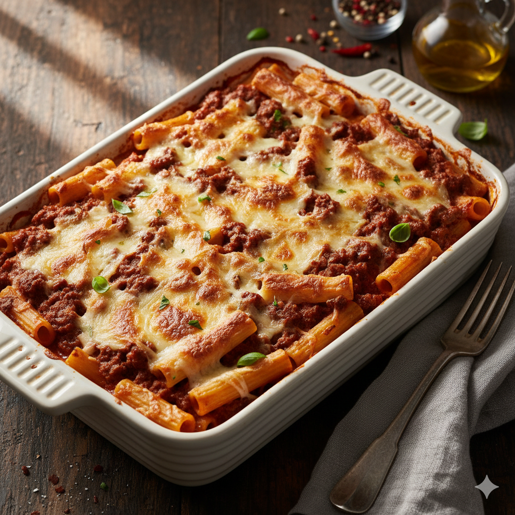 Creamy Ragu Alfredo pasta bake with melted cheese.