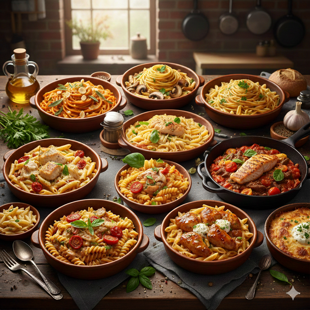 A collage of 10 underrated pasta dinner ideas, each plated beautifully and styled for cozy weeknight meals.