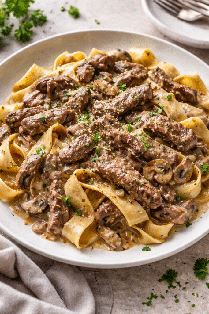 Restaurant style creamy beef ribbons over pappardelle pasta with mushrooms and Parmesan in a rich cream sauce.