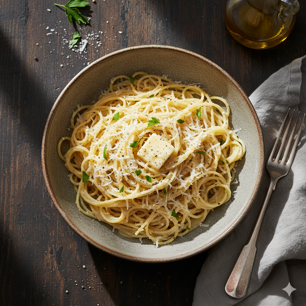 Garlic butter parmesan angel hair pasta tossed in a silky butter sauce and finished with grated parmesan.