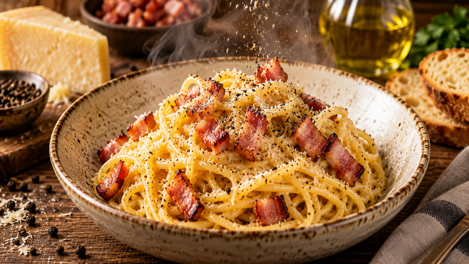 Classic Spaghetti Carbonara served in a rustic ceramic bowl with silky spaghetti coated in authentic egg and Pecorino Romano sauce, crispy pancetta, freshly cracked black pepper, and grated Pecorino.