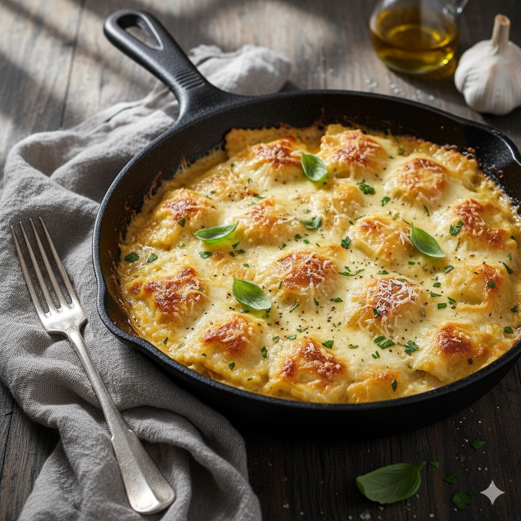 Cheesy garlic butter ravioli in a rich pan sauce.