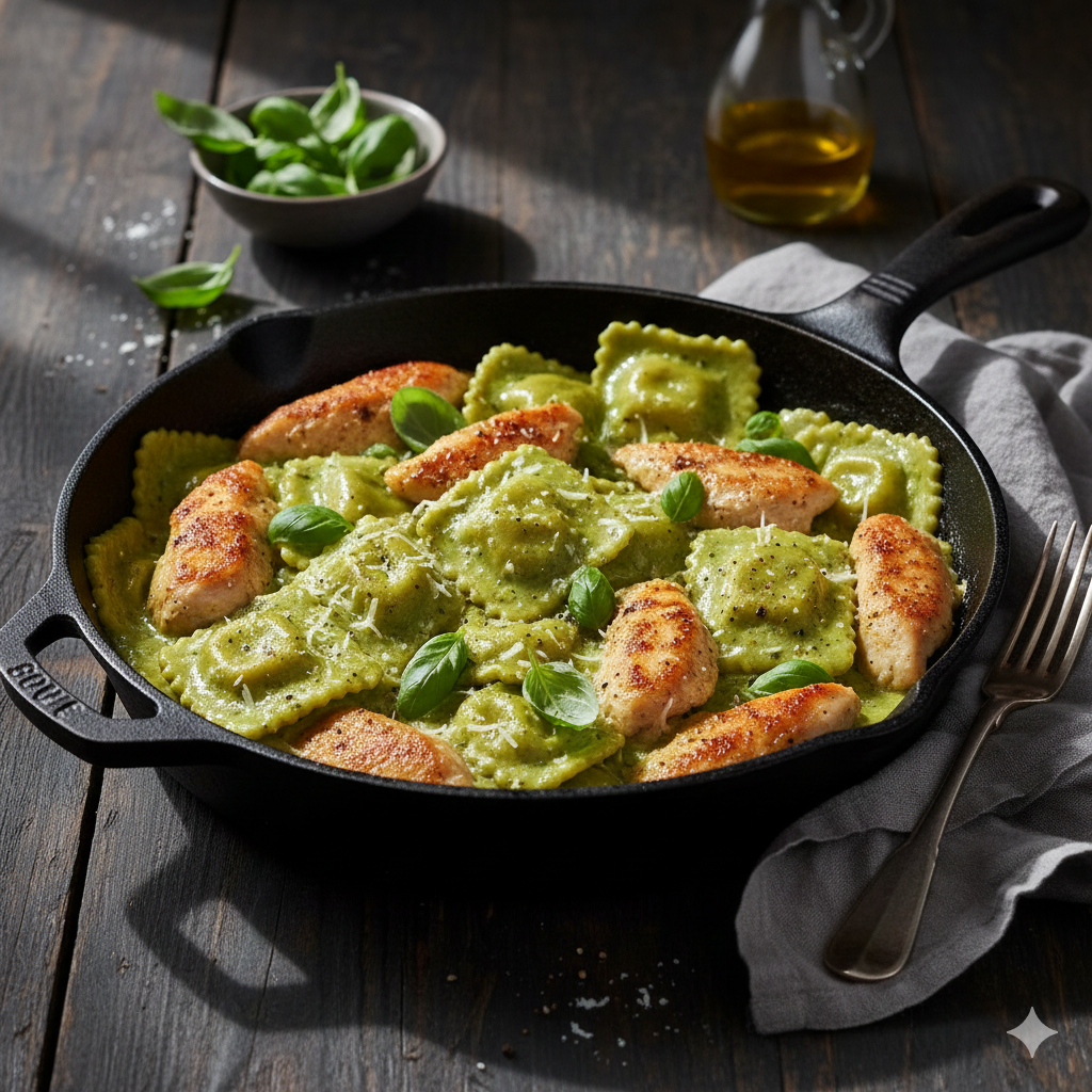 Creamy basil chicken ravioli skillet with tender chicken, ravioli, and a rich, basil-infused cream sauce.