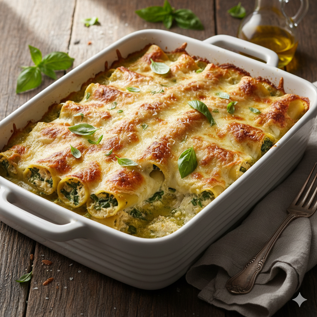 Creamy basil chicken manicotti baked in a rich Alfredo-style sauce, topped with melted mozzarella and fresh basil in a white ceramic baking dish.
