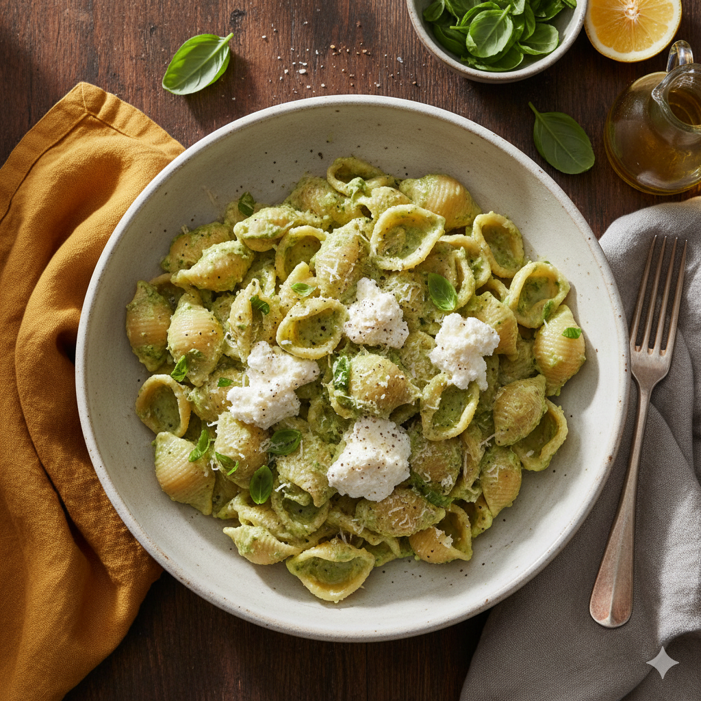 Creamy basil ricotta shells tossed in a smooth, rich sauce and served as a comforting pasta bowl.