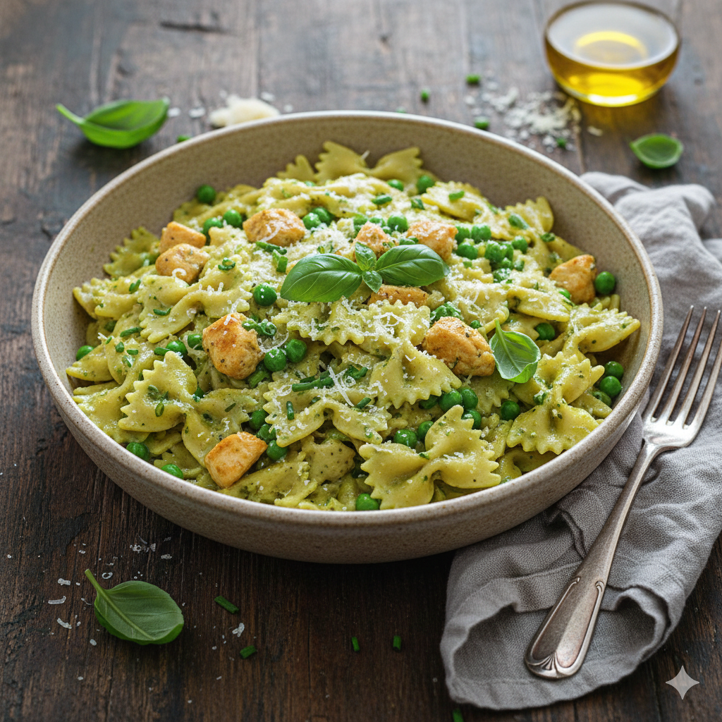 Creamy basil and Parmesan bowtie pasta served in a bowl with fresh herbs