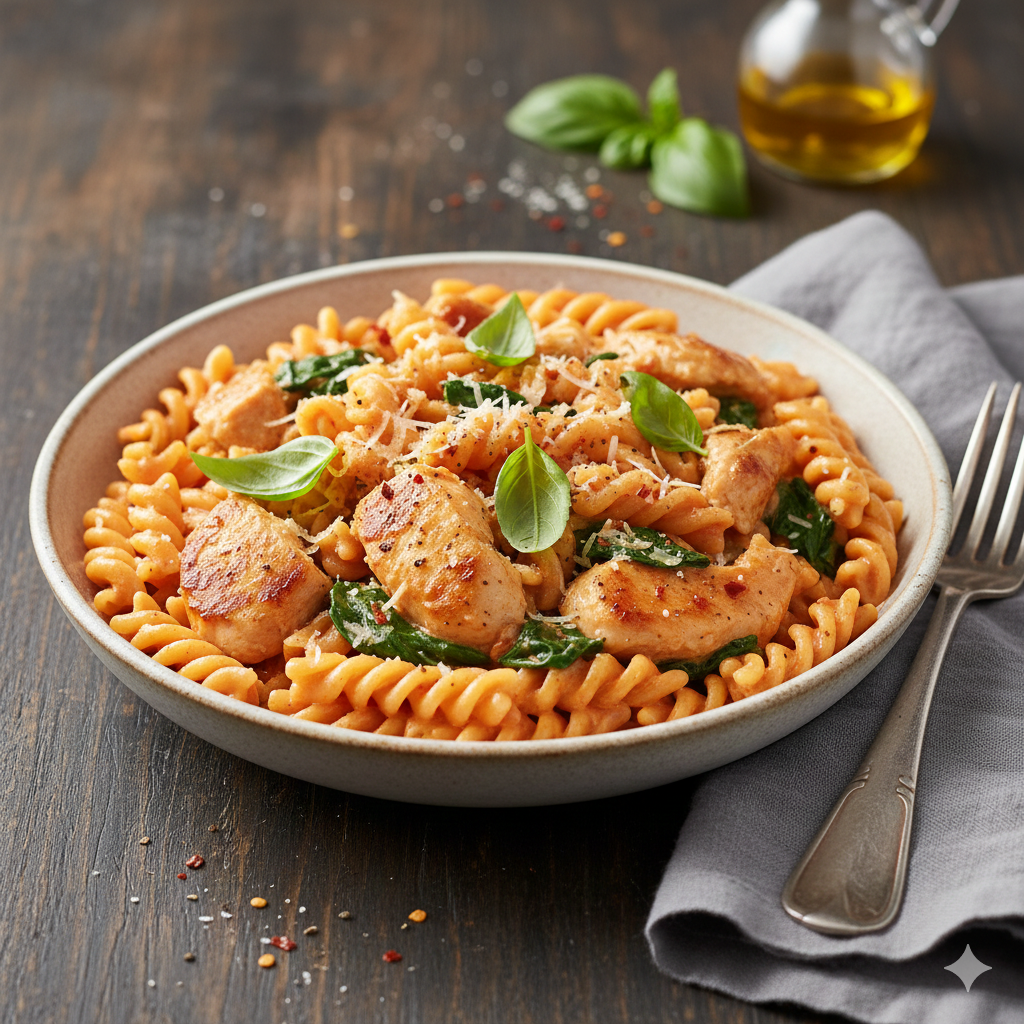 Creamy chicken basil rosa rotini tossed in a rich tomato-cream sauce with tender chicken and fresh basil.