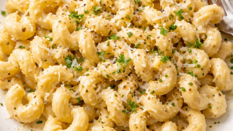 Creamy garlic butter cavatappi in a rich butter sauce.