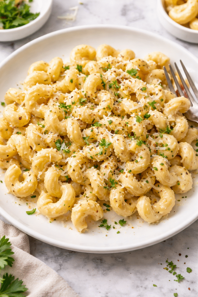 Creamy garlic butter cavatappi in a rich butter sauce.