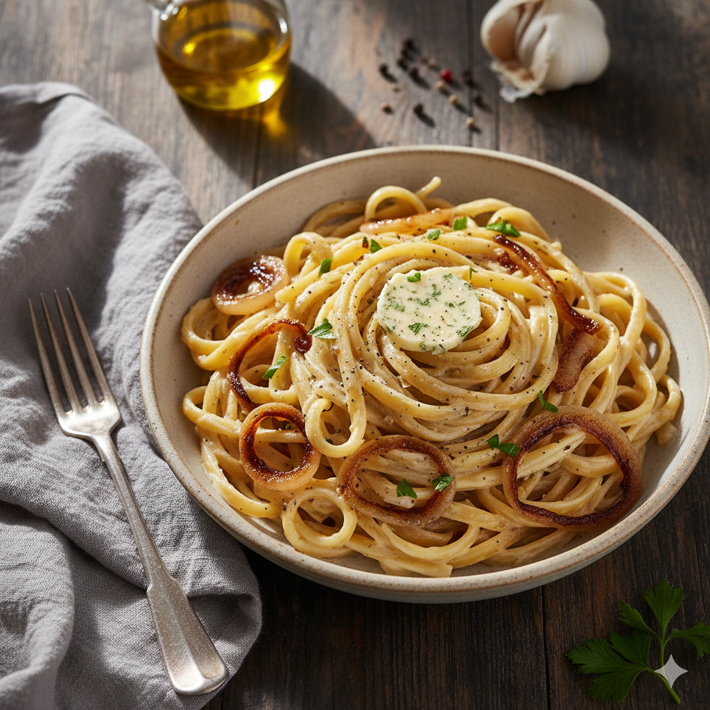 Creamy garlic butter fettuccine tossed in a rich sauce with sweet caramelized onions and tender pasta.