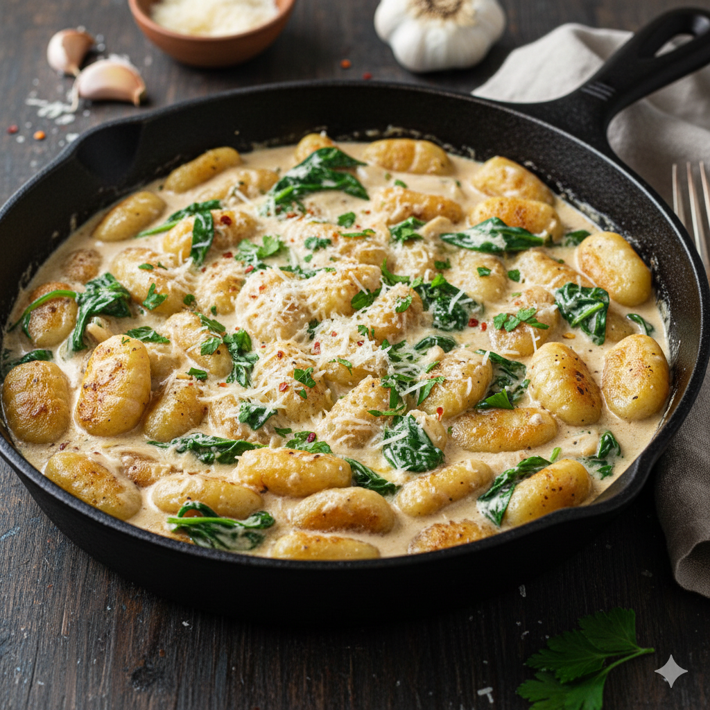 Golden pan-seared gnocchi coated in creamy garlic butter sauce, finished with parmesan and fresh herbs in a rustic skillet.