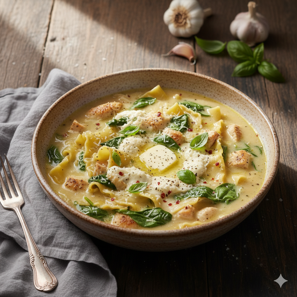 creamy garlic chicken lasagna soup