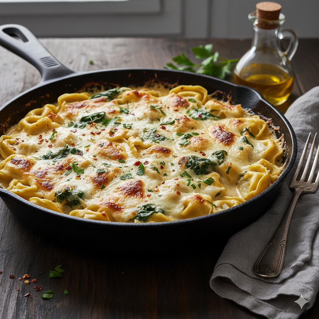 Creamy garlic tortellini cooked in a pan with a rich, velvety garlic cream sauce and tender pasta.