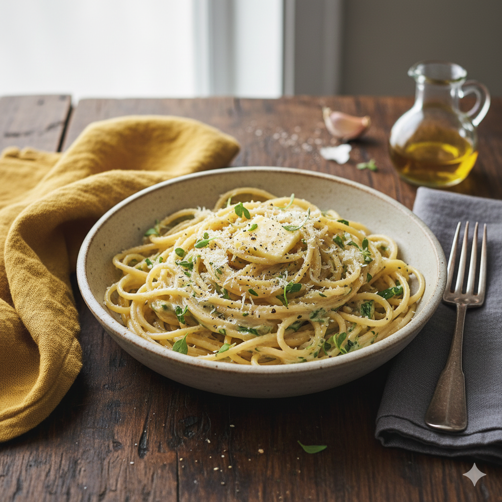 Creamy herb-garlic spaghetti tossed in a rich, garlicky cream sauce with fresh herbs.