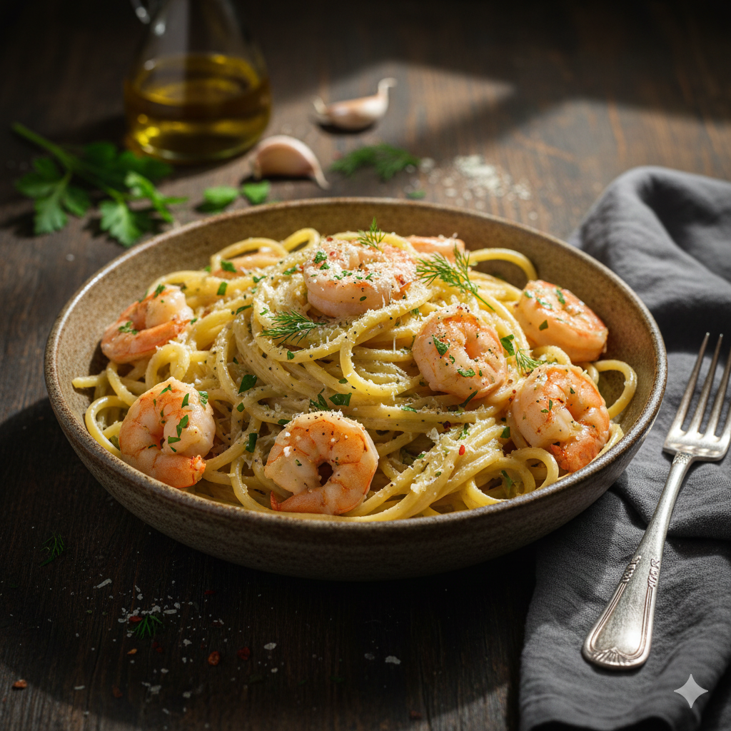 Creamy herb shrimp pasta with tender shrimp, pasta, and a rich herb-infused cream sauce.