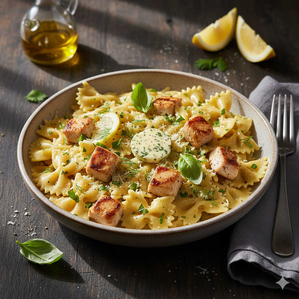 Creamy lemon herb farfalle with chicken served in a skillet, featuring tender bowtie pasta, juicy chicken, and a rich, herb-infused cream sauce.