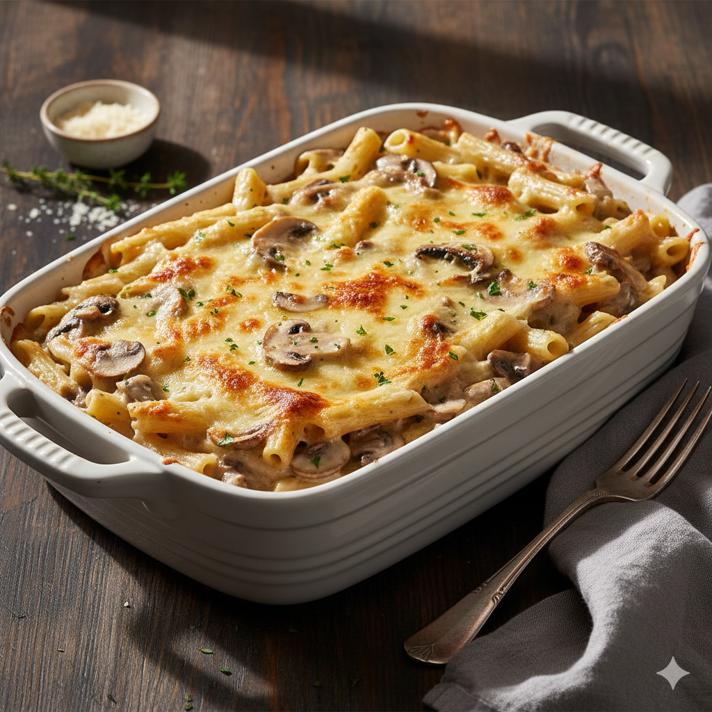 Creamy mushroom ziti bake with pasta, sautéed mushrooms, and a rich, cheesy sauce baked until bubbly.