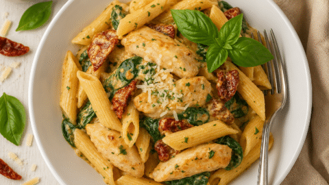 Creamy Tuscan Chicken Pasta served in a white bowl with tender chicken, penne pasta, spinach, sun-dried tomatoes, Parmesan, and fresh basil in a rich garlic cream sauce.