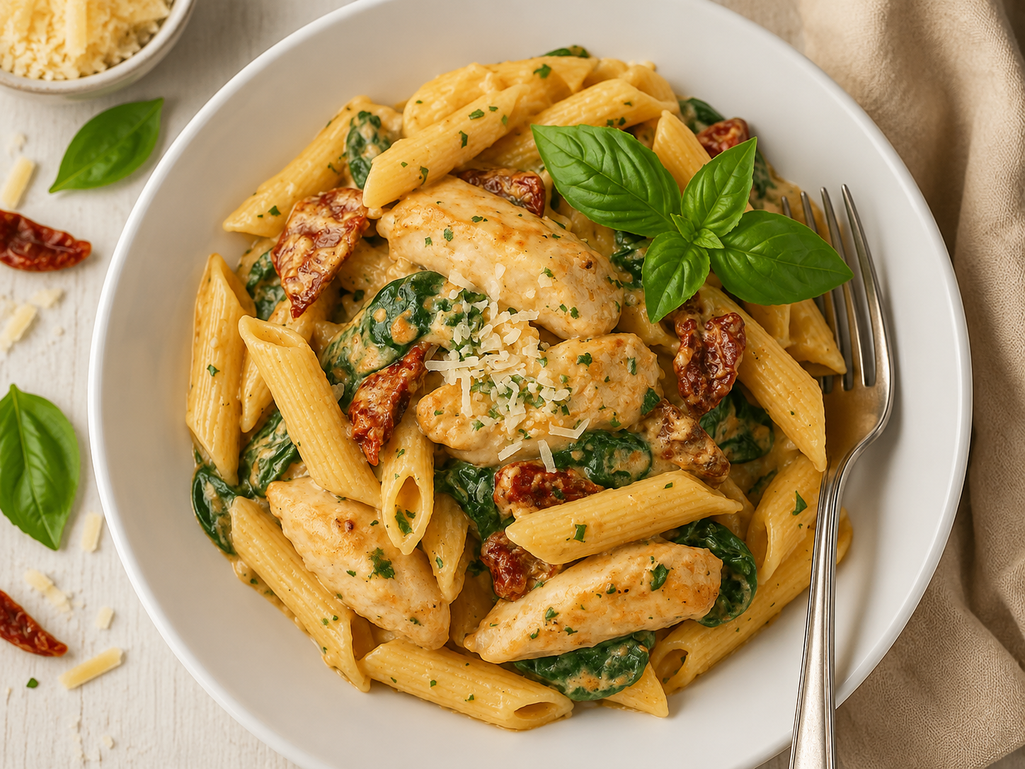 Creamy Tuscan Chicken Pasta served in a white bowl with tender chicken, penne pasta, spinach, sun-dried tomatoes, Parmesan, and fresh basil in a rich garlic cream sauce.