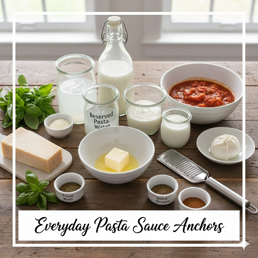 Everyday pantry pasta sauce anchors for easy meals.