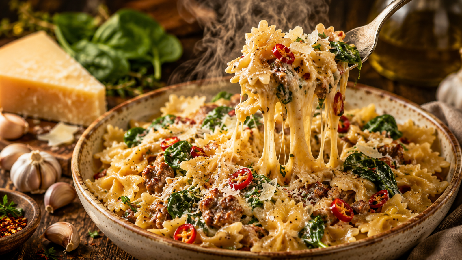 Creamy Sausage Farfalle with Italian sausage, spinach, and Parmesan cream sauce, served in a rustic bowl with a fork twirling creamy bowtie pasta above the dish.