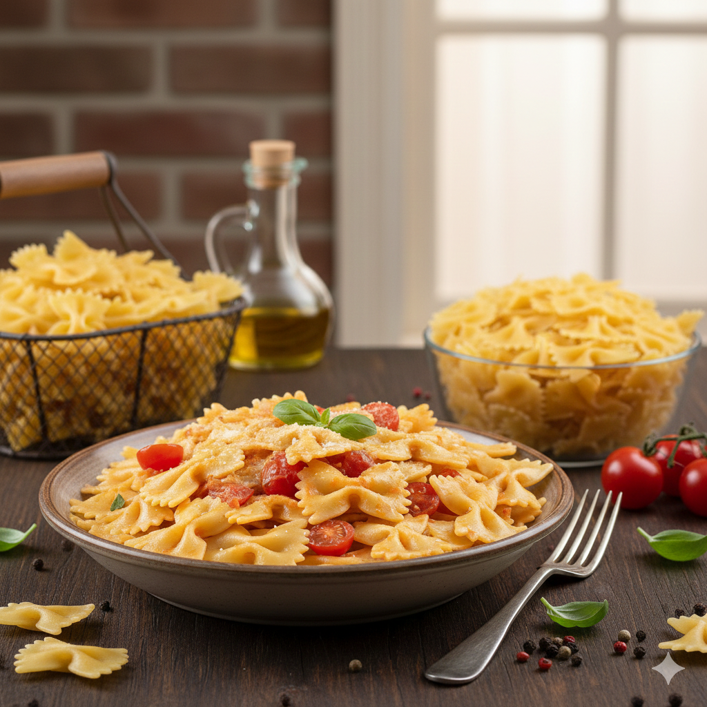 Farfalle pasta with bow-tie shaped noodles coated in sauce, showing how the ridges and shape hold flavor.