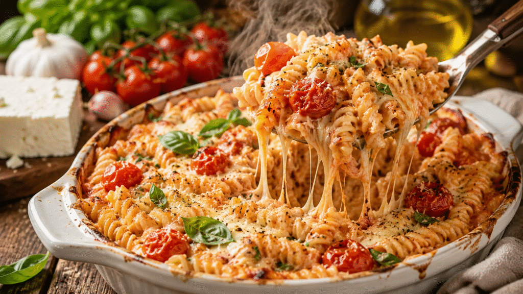 Baked Feta Tomato Pasta with creamy roasted feta sauce, blistered cherry tomatoes, and fresh basil served in a rustic baking dish with a spoon lifting creamy rotini pasta.