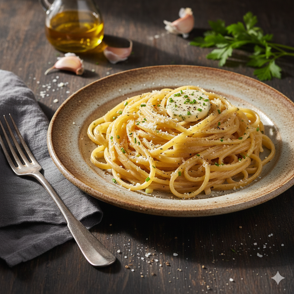 Garlic butter Parmesan linguine pasta served with fresh herbs