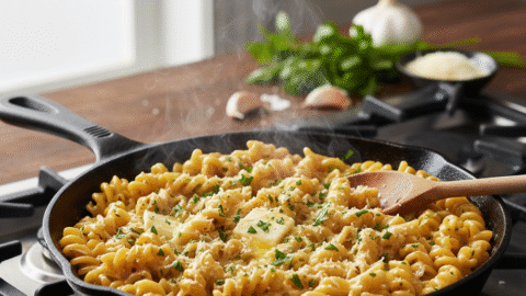 Creamy garlic butter skillet pasta tossed in a rich buttery sauce, topped with parmesan and fresh herbs in a rustic pan.