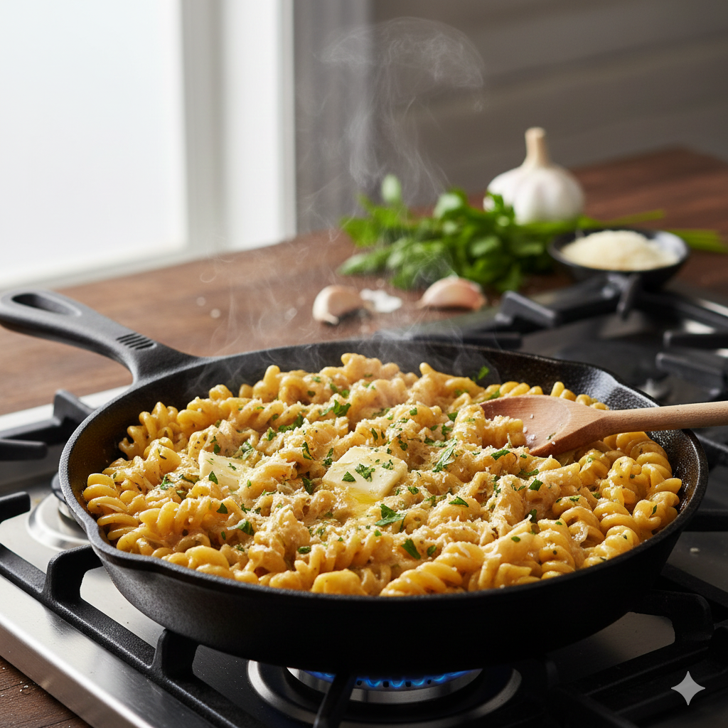 Creamy garlic butter skillet pasta tossed in a rich buttery sauce, topped with parmesan and fresh herbs in a rustic pan.