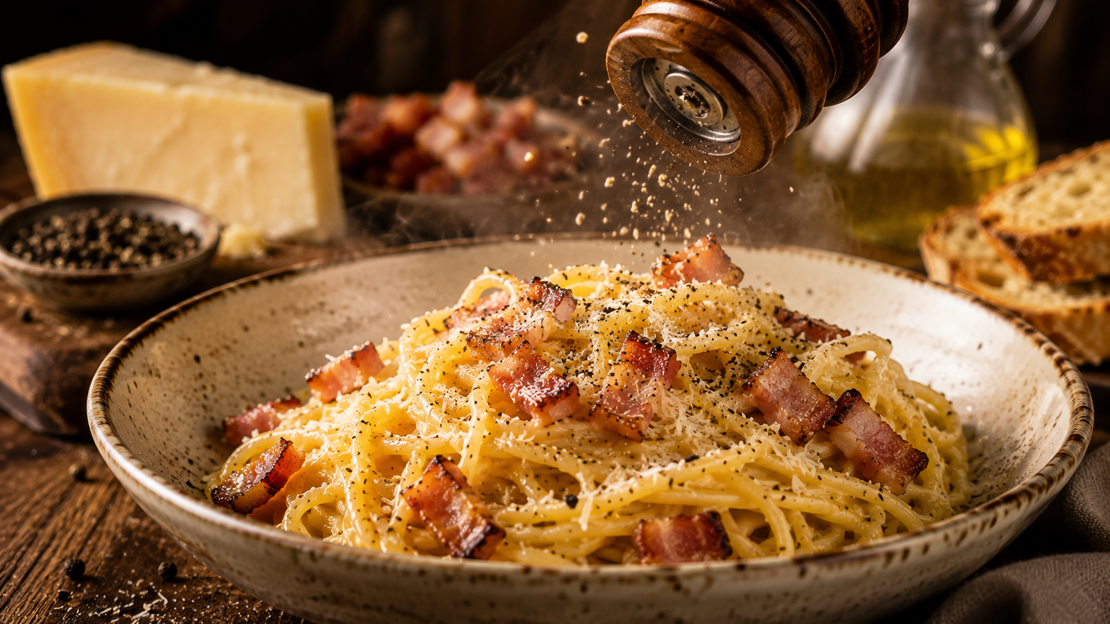 Classic Spaghetti Carbonara served in a rustic ceramic bowl with silky spaghetti coated in authentic egg and Pecorino Romano sauce, crispy pancetta, freshly cracked black pepper, and grated Pecorino.