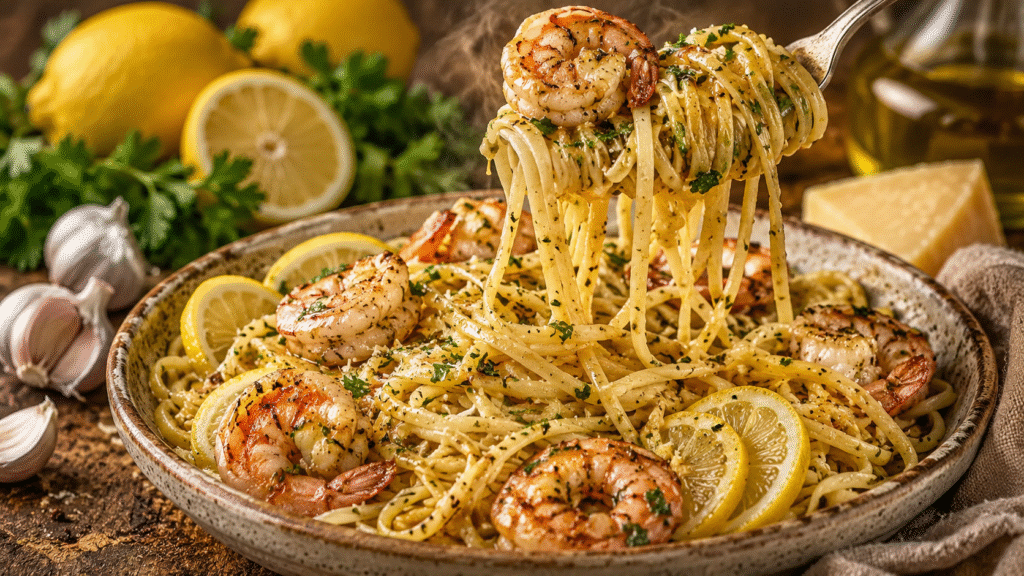 Lemon Garlic Shrimp Linguine served in a rustic bowl with jumbo shrimp, glossy garlic butter sauce, fresh parsley, lemon slices, and a fork twirling creamy linguine above the dish.