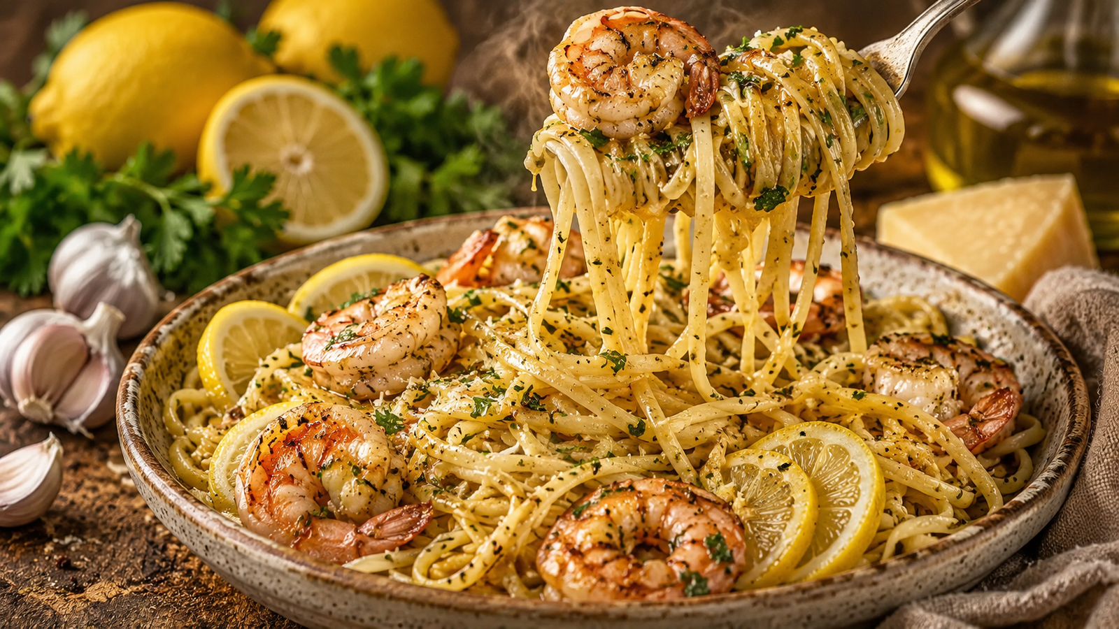 Lemon Garlic Shrimp Linguine served in a rustic bowl with jumbo shrimp, glossy garlic butter sauce, fresh parsley, lemon slices, and a fork twirling creamy linguine above the dish.